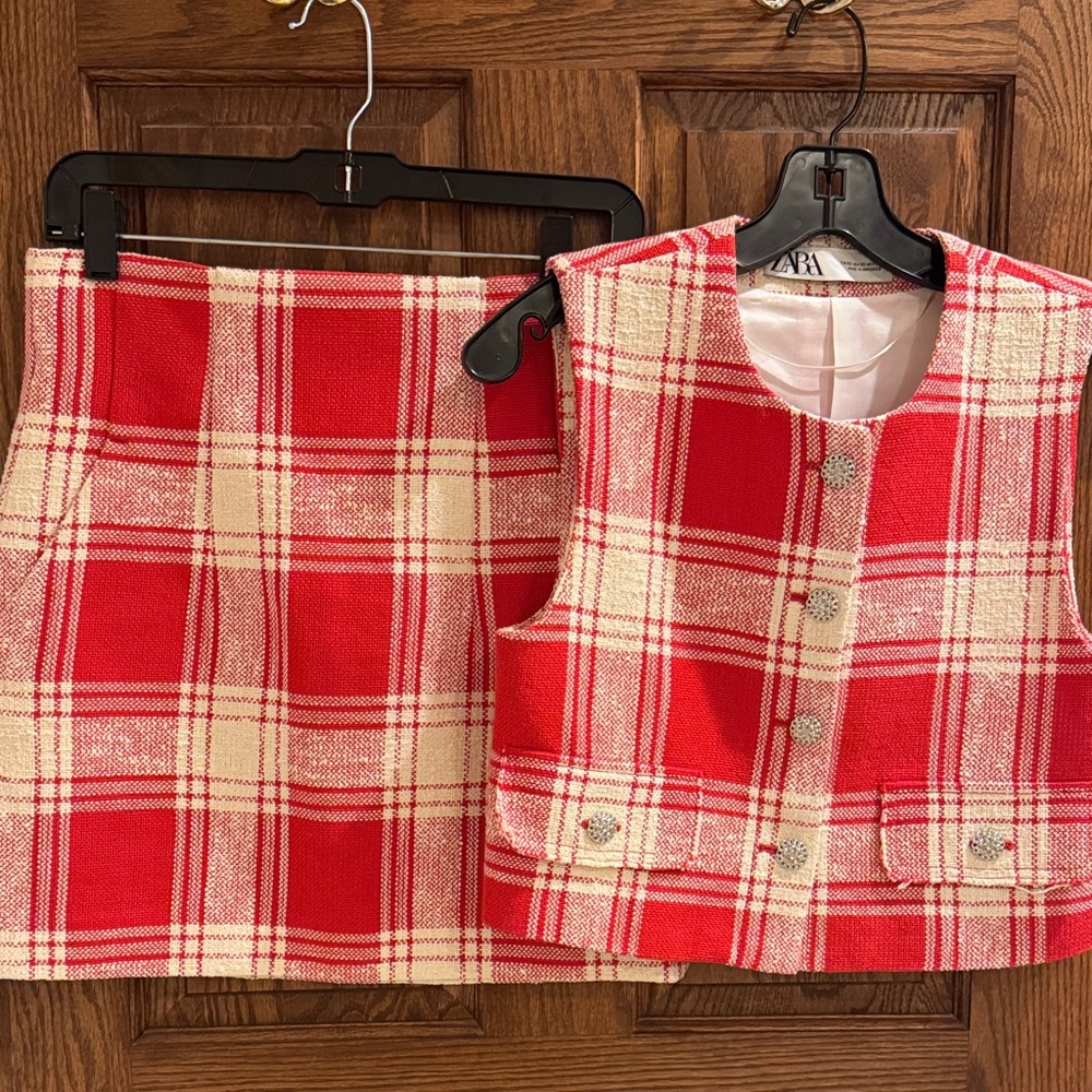Zara Red and Cream Checkered Skirt and Vest Set